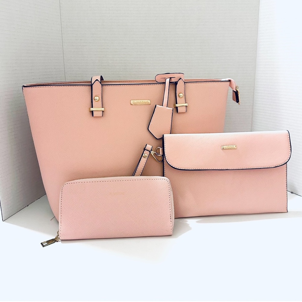 Elim & Paul 3 pc Purse Set Pink Tote Bag Clutch & Wallet
